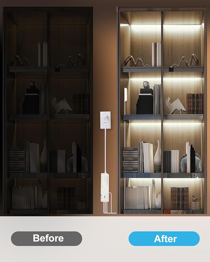 JUSJUBR Display Cabinet Lights, 32.8ft 24V Dimmable Cuttable COB LED Strip Lights, Cold White 6000K, Under Cabinet Lighting for Shelves, Bookshelves, Display Cases, Cabinets, Kitchens and Closets