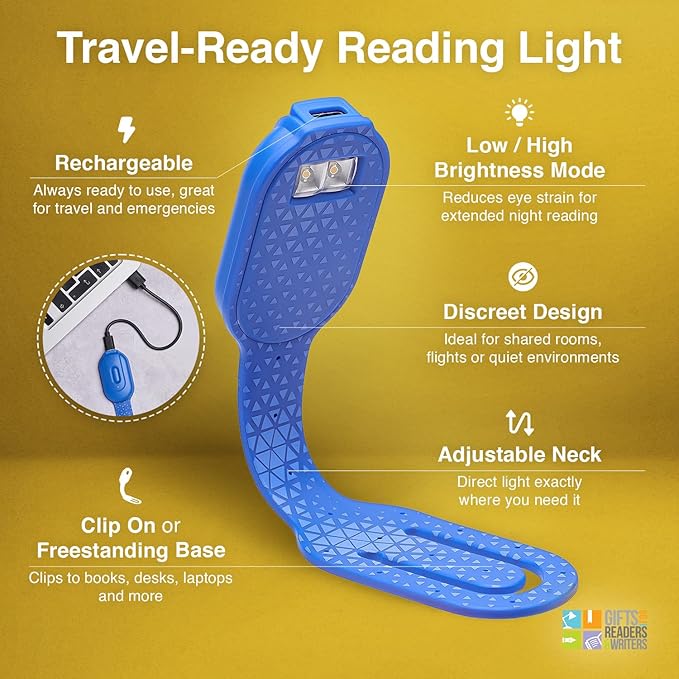 Gifts for Readers & Writers Rechargeable Book Light, Clip On Reading Light for Bed, 2in1 Flexilight & Bookmark, 12 Hours of Light Once Charged, Includes USB Cable & 2 LED Lights, Blue Hexagonal