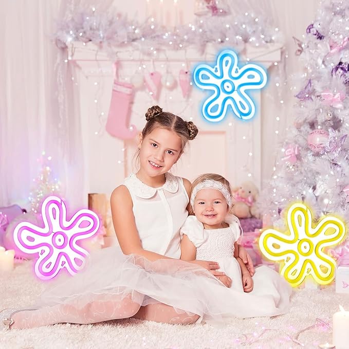3 Pcs Flower Neon Sign LED Light Signs Retro LED Signs Flower Shaped Sign Purple Blue and Yellow Neon Sign for Bedroom Home Wall Decor Birthday Wedding Party Decorations Kid's Gifts