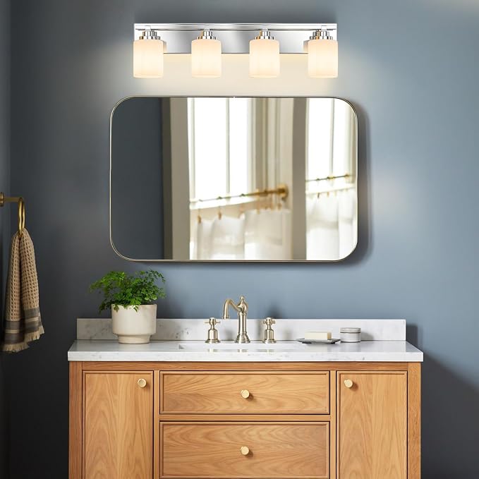 Modern Bathroom Lighting Fixtures Over Mirror, Vanity Lights for Bathroom, Wall Sconces with Milky White Glass Shades, E26 Ceramic Socket, 4-Light 27.5-inch Chrome