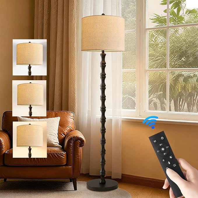 ILLMTW Floor Lamp for Living Room,Bedroom,Vintage Mid Century Standing Lamp with Remote Dimmable,Black Tall Lamp Farmhouse Industrial Rustic Retro Floor Light Boho Bohemian