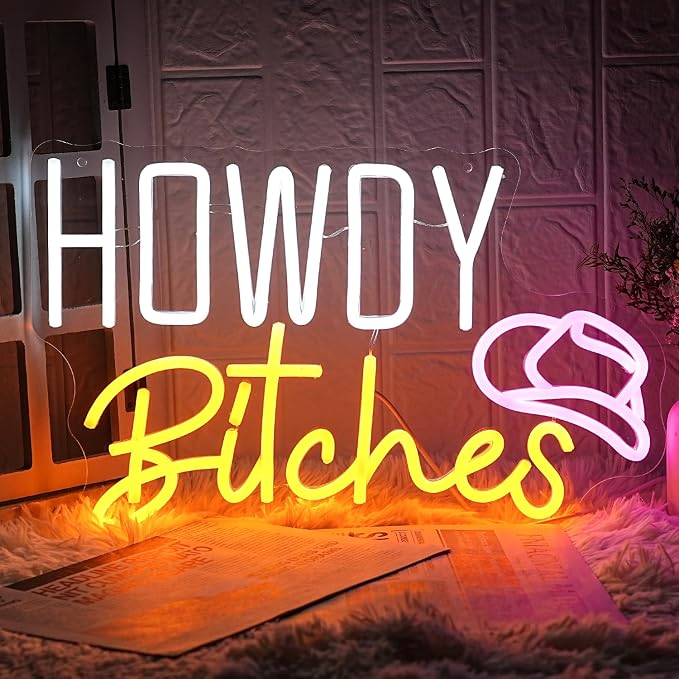 Howdy LED Neon Sign - White, Yellow, Pink Letters - USB Dimmable Light for College Dorm, Country Girls Bedroom Decor - Western Aesthetic Wall Art Gift