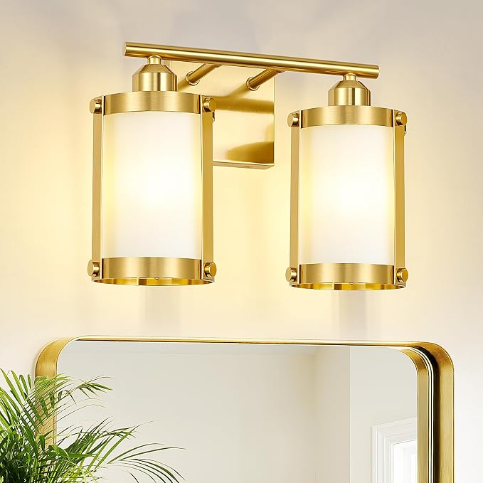 2-Light Brushed Gold Bathroom Light Fixtures with Milk White Frosted Glass, 13.2" UL-Listed Modern Wall Sconce Over Mirror with Metal Cage for Bath, Hardwire E26, OS-3014BGW-2W