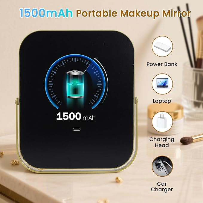 Rechargeable Vanity Mirror with Lights, 10"×8" Makeup Mirror with Lights, 1500mAH Battery, Smart Touch with 3-Color Lighting, Dimmable, HD Desk Mirror, Travel Essentials, Women Gift (Gold)