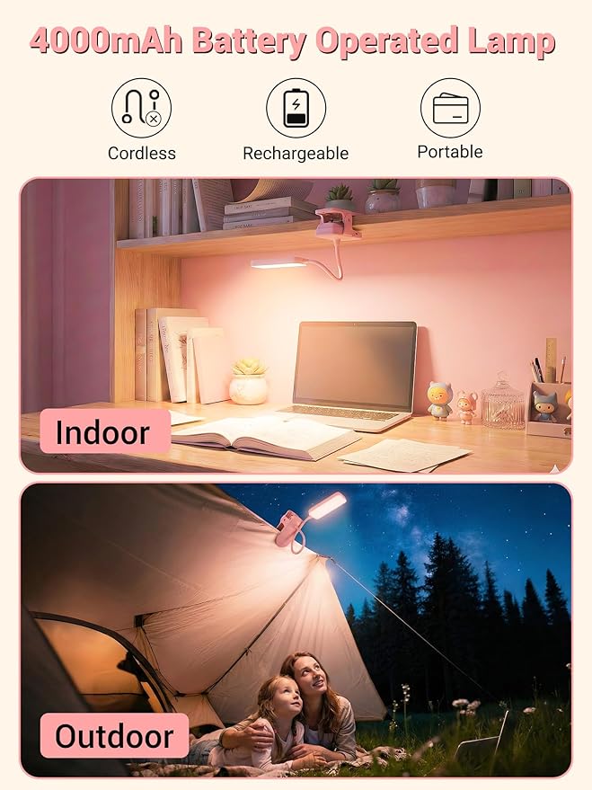 Pink Desk Lamp Cute Clip on Lamp,45 Modes Dimmable+450 Lumen Clip on Light | 4000mAh Battery Rechargeable Book Light for Reading in Bed,Cordless Small Pink Lamp for Girls Room/Kids Bedroom/Bedside/Dorm