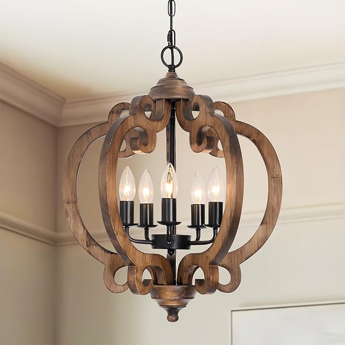 5-Light Rustic Farmhouse Chandelier, Wood Dining Room Light Fixture with Adjustable Chain, Easy Assembly for Kitchen Island, Bedroom, Entryway, Living Room