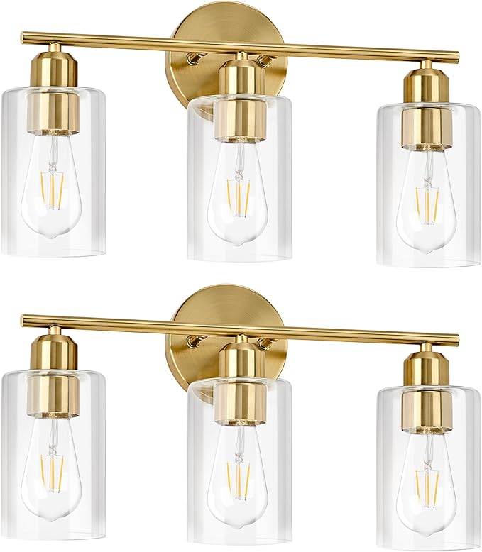3Light Modern Vanity Lights - Gold, Clear Glass Shade, Wall Sconce for Bathroom & Bedroom, 2 Pack