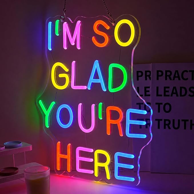 I’m So Glad You’re Here Neon Sign Dimmable Letter Positive Affirmation Neon Light USB Powered Colorful Welcome Light Up Sign for Classroom Wedding Party Store Home Wall Art Decor