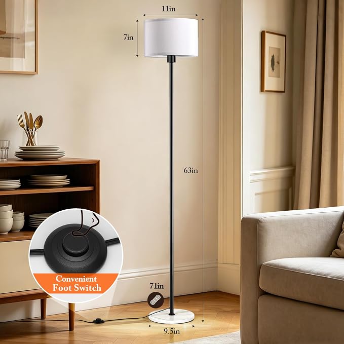 63" Black Floor Lamps for Living Room, Standing Lamp with Marble Base | Tall Pole Light with White Linen Shade, Modern Floor Lamp for Bedroom Reading Office Corner Nursery, Bulb Included