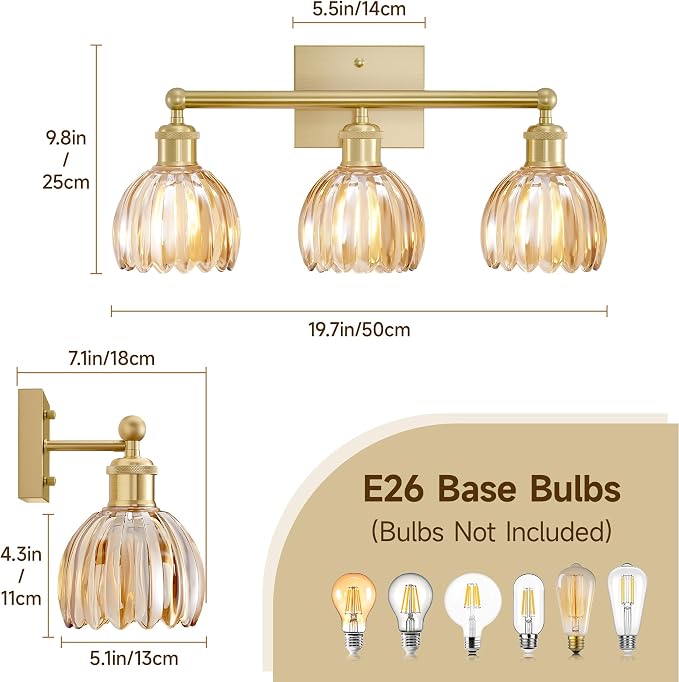 Bathroom Vanity Light 3 Light, 20 in Brushed Brass Bathroom Light Fixtures, Vintage Wall Sconces,Bath Vanity Lights Over Mirror with Amber Tulip Glass Shade for Bedroom Living Room,E26 Base