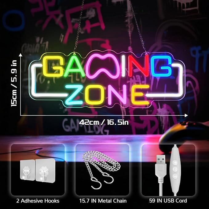 Gaming Zone Neon Sign for Wall Decor – LED Neon Lights with USB Power & Dimmable Brightness,Cool Game Controller Neon Sign for Bedroom,Game Room,Man Cave,Gamer Decor