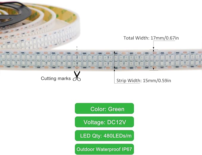 Green 12V LED Strip Lights 16.4ft, Double Row 2400LEDs IP67 Outdoor | SMD 2835 IP67 Waterproof Super Bright Dimmable Flexible Tape Lights for Outdoor, Truck, RV, and Boat Lighting
