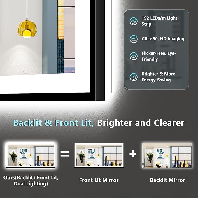 84x32 Black LED Bathroom Mirror, Backlit & Front Lit Lighted Mirror | Metal Framed Anti-Fog Vanity Mirror with Lights, 3 Color Dimmable, Memory, HD Tempered Glass, CRI95, UL Listed, Wall Mounted