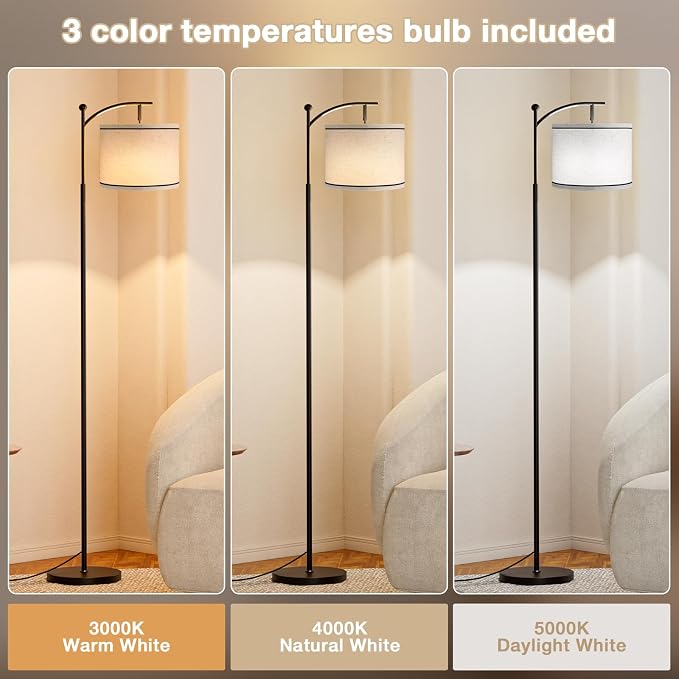 60" Floor Lamp for Living Room with 3 Color Temperatures, Beige Lampshade with Black Stripes, Tall Lamp for Bedroom Office, 9W Bulb Included