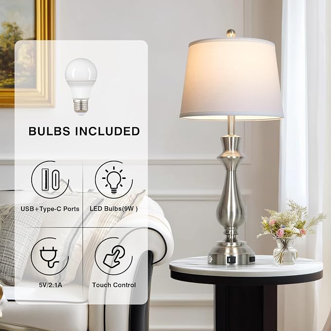 Modern Silver Table Lamp for Living Room,30" Tall Bedside Lamp with USB Charging Port,3-Way Dimmable Touch Nightstand Lamp for Bedroom Desk Side Table Office,Silver-1P