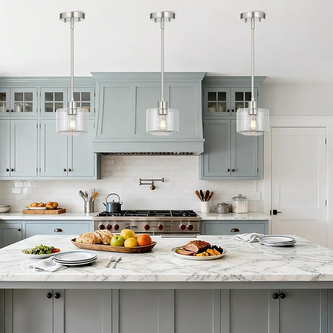 Brushed Nickel Pendant Lights Kitchen Island 2 Pack, Modern Clear Glass Hanging Light Fixtures with Rods, Mini Kitchen Pendant Lighting Over Island for Sink Bathroom, OS-YQ8153-2PBNC