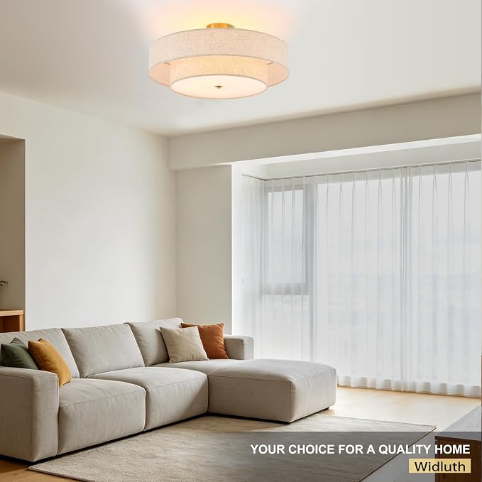 25.6" Large Gold Semi Flush Mount Ceiling Light，5-Light Linen Shade | Modern Fabric Drum Ceiling Light Fixture，E26 Base for Living Room ,Bedroom ,Kitchen ,Dining Room ,Hallway,closet,laundry room