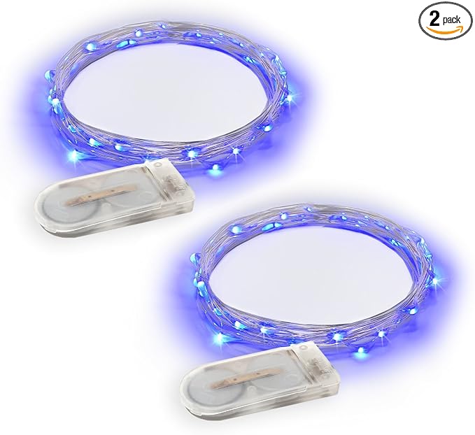 2-Pack 20 LED Wire Twinkle Fairy Lights, Battery Powered, Waterproof — Christmas, Holidays, Wedding, Party — Bedroom, Living Room — 6.5 Ft, Blue, Indoor & Outdoor