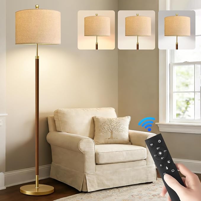 Wood Floor Lamps for Living Room Farmhouse Floor Lamp with Remote Control,Dimmable Vintage Floor Lamp Mid Century Modern Standing Lamp with 3 Color Temperature Tall Floor Lamps For Bedroom Corner