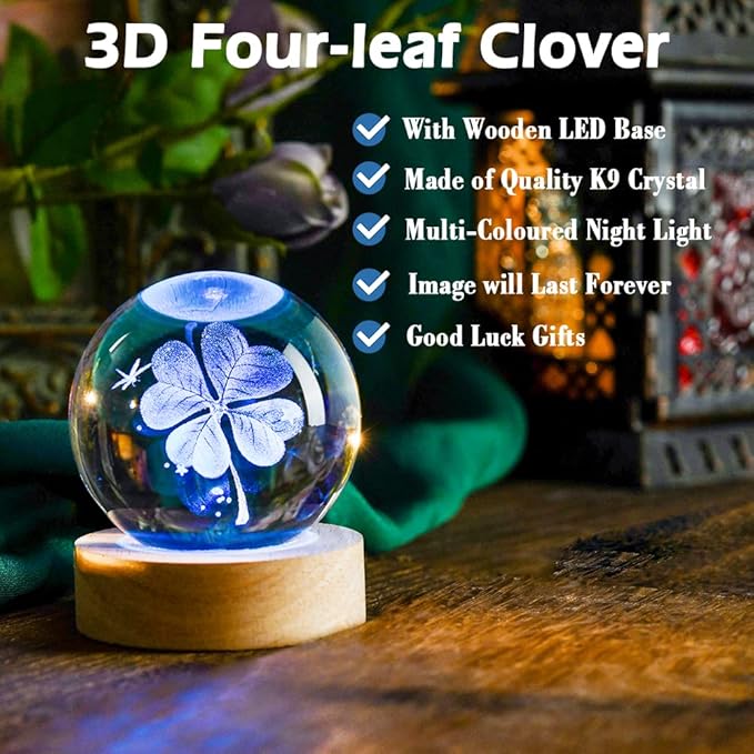 IFOLAINA 3D Four-Leaf Clover Crystal Ball 60mm Good Luck Gifts Ideas with Multicolor Lighting Base St Patricks Day Gifts for Women Men Decorative Globes Room Decor