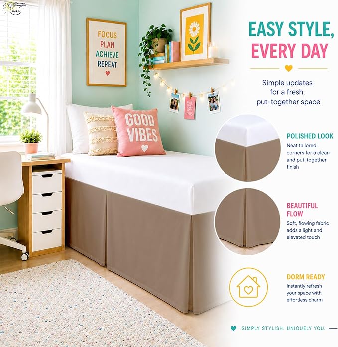 Cottington Lane Tailored Box Pleated College Dorm Bed Skirt Twin XL, Hotel Quality Premium Brushed Microfiber Extra Long Bedskirt Twin XL 40 Inch Drop, Taupe Dorm Bedding