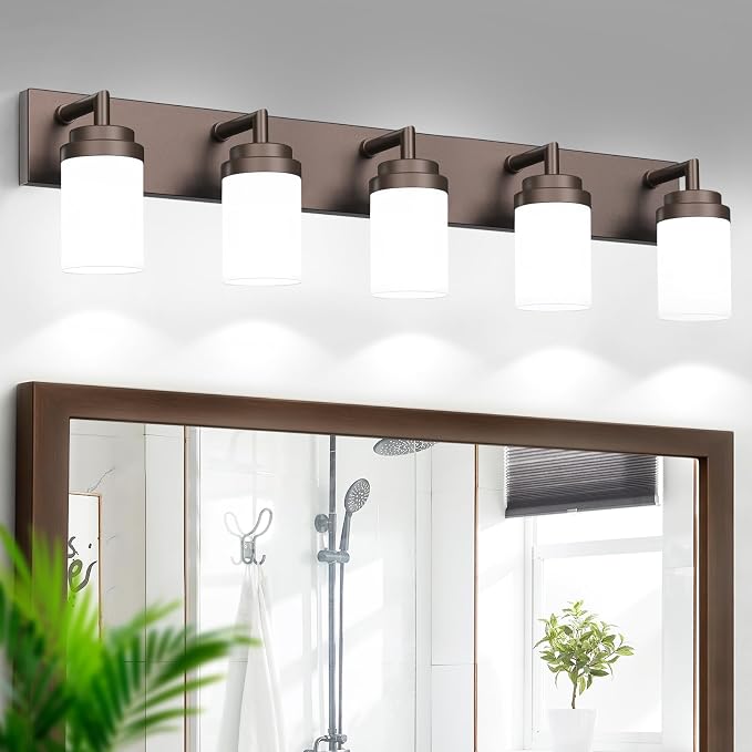 Bathroom Light Fixtures, Oil Rubbed Bronze Bathroom Lighting Fixtures Over Mirror, Modern Vanity Light with White Glass Shade, Restroom Lighting Fixtures, 5-Light 36-inch