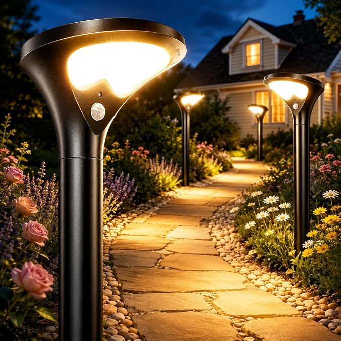 Garpar 400LM Solar Pathway Lights with Motion Sensor, Tempered Glass Panel | 26 LEDs, 3 Modes, Waterproof, 1500mAh Battery, Larger Solar Panel, 3 Height Options for Garden Yard Walkway Driveway Path