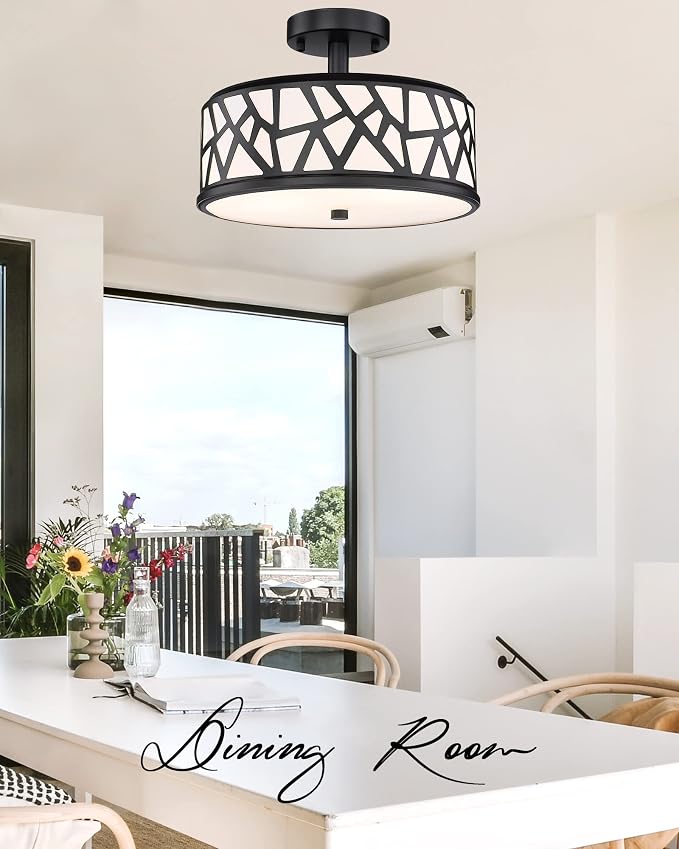 Farmhouse Semi Flush Mount Ceiling Light, 2-Light Black Metal Finish Ceiling Light Fixture, 13-Inch Light Fixture with Frosted Glass Shade for Hallway, Bedroom, Kitchen, Dining Room, Entryway