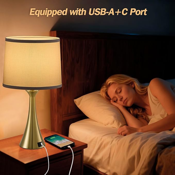 Touch Lamp for Living Room Bedroom, 21" Table Lamps Set of 2 with USB C+A Ports and White Lamp Shades, 3 Way Dimmable Gold Touch Bedside Lamps for Nightstand, 2 LED Bulbs Included