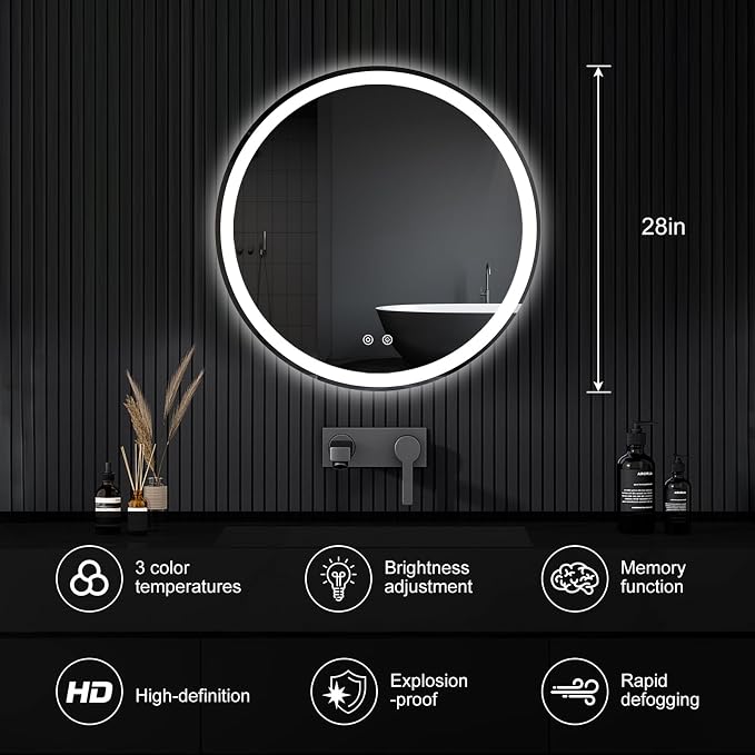 Sweetcrispy 28 Inch Round LED Mirror for Bathroom with Lights, Circle Vanity Mirror with Anti-Fog, Dimmable, 3-Color Light, Memory Function, Tempered Glass