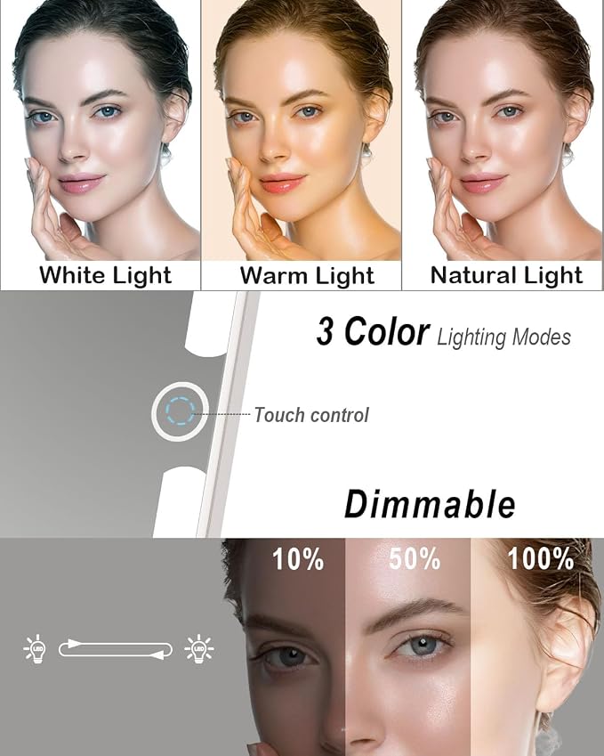 Rechargeable Travel Makeup Mirror with Light,7x5 inches Portable Lighted Vanity Mirror with Small 10X Magnifying, LED 3 Color Dimmable, Tabletop Folding Compact Mirror