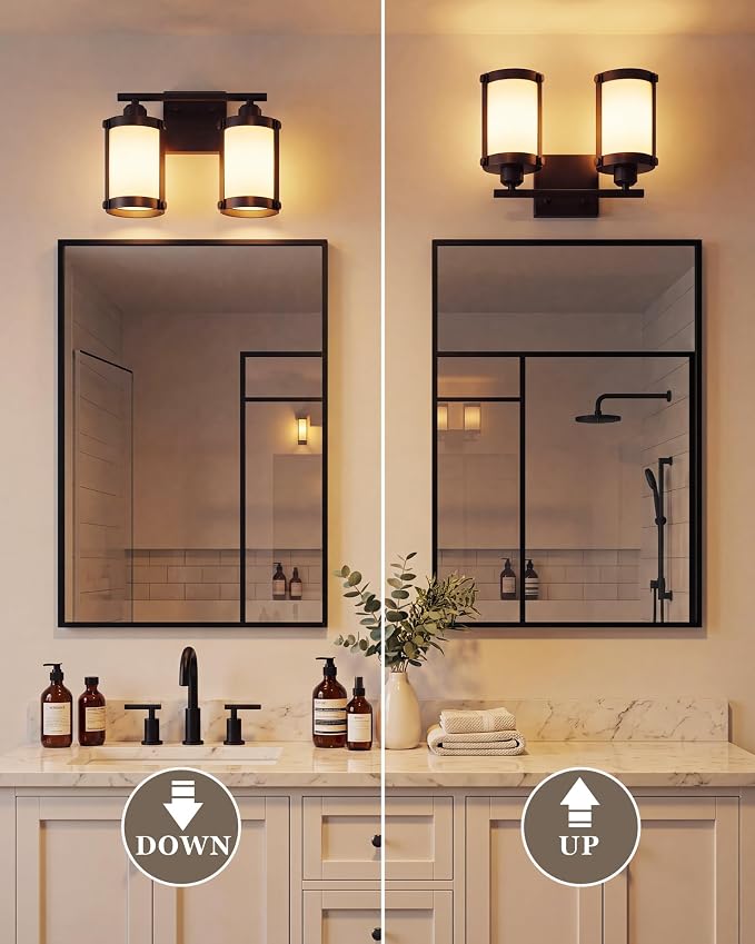 2-Light Oil Rubbed Bronze Bathroom Light Fixtures Over Mirror with Frosted Milk Glass and Metal Cage Shade, 13.2" UL-Listed Modern Farmhouse Wall Sconce for Bath, Hardwire E26, OS-3014ORBW-2W