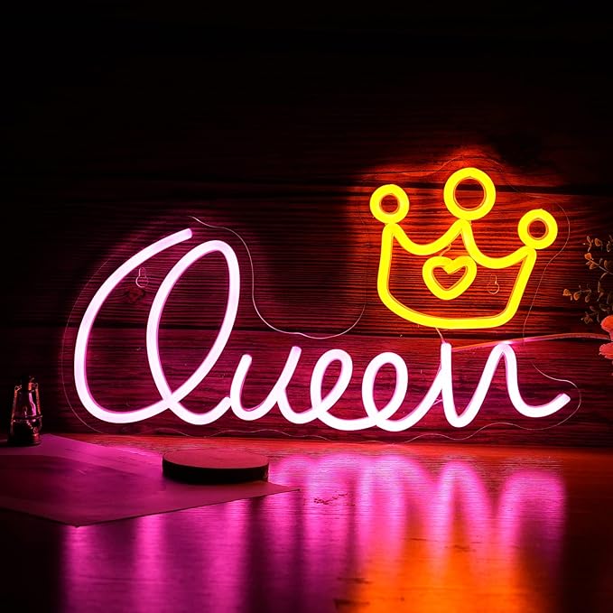 Queen Neon Sign Crown Neon Lights Dimmable USB Powered 16.5’’X9.3’’ Light Up Sign for Girls Room Birthday Party Bedroom Lady Gifts Wall Decor（Pink Yellow）
