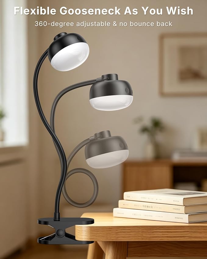 Pebble-Shaped Clip on Reading Light with Detachable Lamp Head, 5000mAh Rechargeable Battery, 360° Ambient Glow, Remote & Timer, Stepless Dimming, 12inch Gooseneck Clamp Lamp for Bed Headboard & Desk
