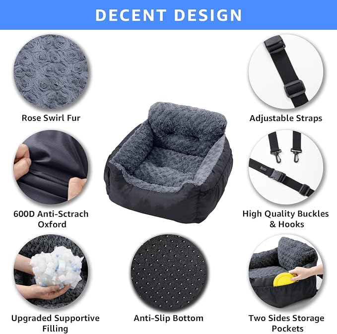 Oiilores Dog Car Seat for Small Dogs, Washable Pet Booster Seats with Clip-On Safety Leash, Comfy Deluxe Plush Carseat with Storage Pockets, Puppy Car Travel Carrier Bed for Dogs Under 25 lbs, Black