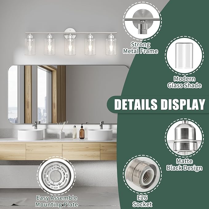 Espird Bathroom Vanity Light Fixtures Brushed Nickel Bathroom Lighting Fixture, 5 Lights Bathroom Light Fixture Over Mirror, Modern Black Vanity Light, Wall Sconces with Glass Shades