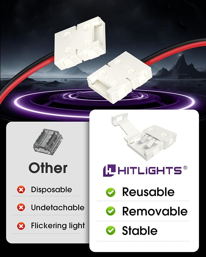 HitLights LED Light Strip Connector, 8mm Single Color 3528 - 6 Inch Any Angle Strip to Strip, 12 Pack