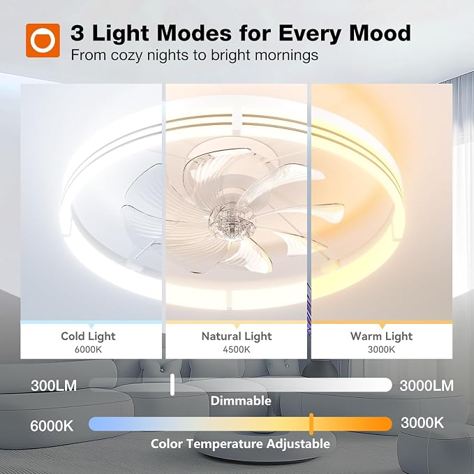 addlon 24" Low Profile Fandelier Ceiling Fans with Lights and Remote, White | Wider Airflow, 3000-6000K Dimmable LED, 6 Speeds, Reversible DC Motor, Remote and App Control, Memory Function, Timer, Quiet
