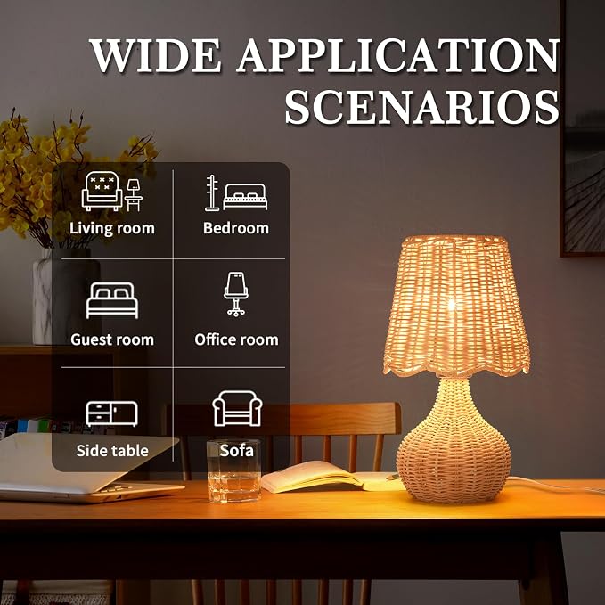 Ziqqeelam Rattan Small Bedside Table Lamp for Bedroom, Boho Mini Table Lamps for Nightstand, Farmhouse Small Table Lamps for Small Spaces for Kitchen Counter, Bookshelf, Bedroom, Kids Dorm
