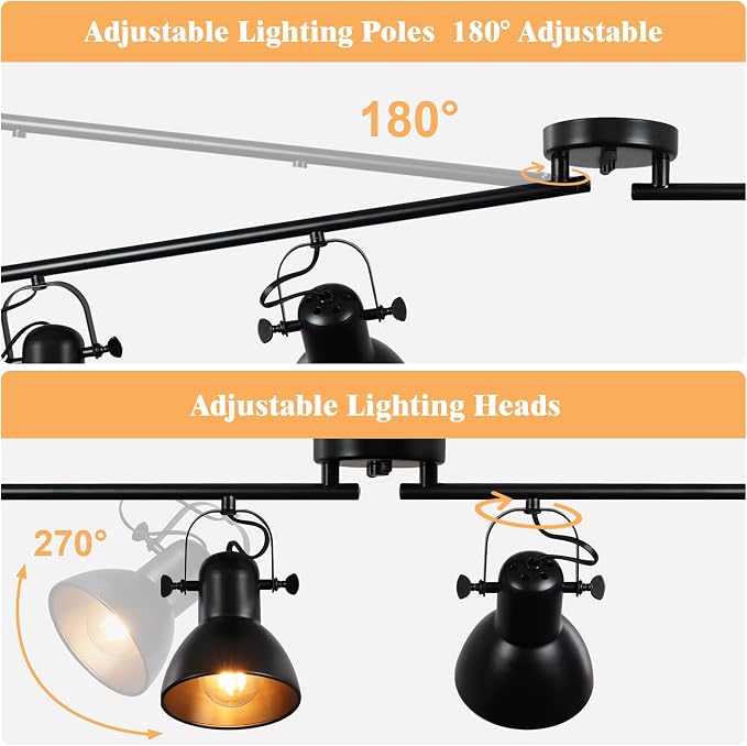 6-Light Track Lighting for Kitchen, Track Lights Ceiling Mount 57.5" Vintage Industrial Track Light 6 Rotatable Heads Adjustable Kitchen Track Lighting Fixtures Ceiling for Bedroom Office Bar