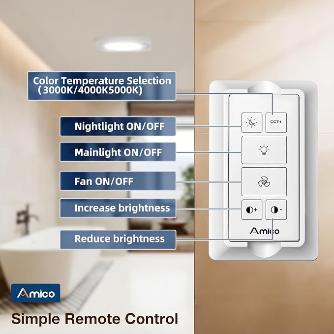 Amico Bathroom Exhaust Fan with Light, 80 CFM, 1.0 Sones, 3CCT & Nightlight | Ceiling Opening 7.6'' x 7.3'', Retrofit Ventilation Fan with 1400LM 18W LED Light, 3000K/4000K/5000K, Remote, FCC Certified