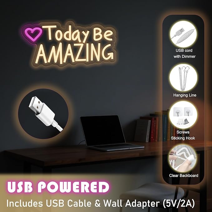 Today Be Amazing neon sign, suitable for classroom wall decoration, back-to-school season, graduation season, student gifts. Dimmable, USB powered, pink heart-shaped inspirational neon light.