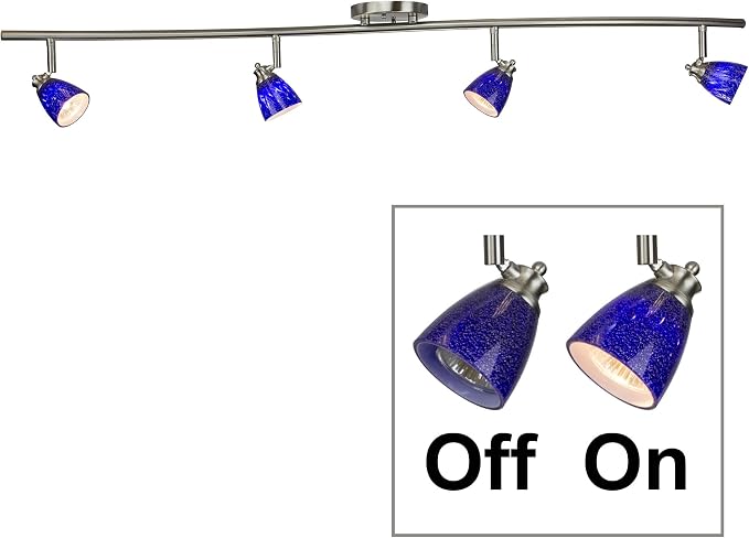 4 Light Adjustable Track Light, Brushed Steel Finish, Blue Glass Shade, Ready to Install, Bulb Included, D268-44C-BS-BLS