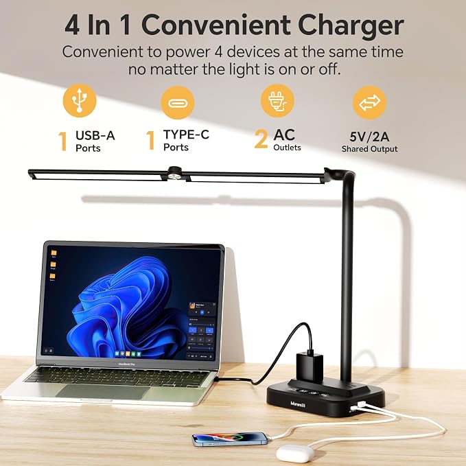 LED Desk Lamp for Home Office: Desk Light Double Head Adjustable with Power Strip 2 AC Outlets, USB-C USB-A Charging Ports Surge Protection, Foldable Table Lamp for College Dorm Room Essentials