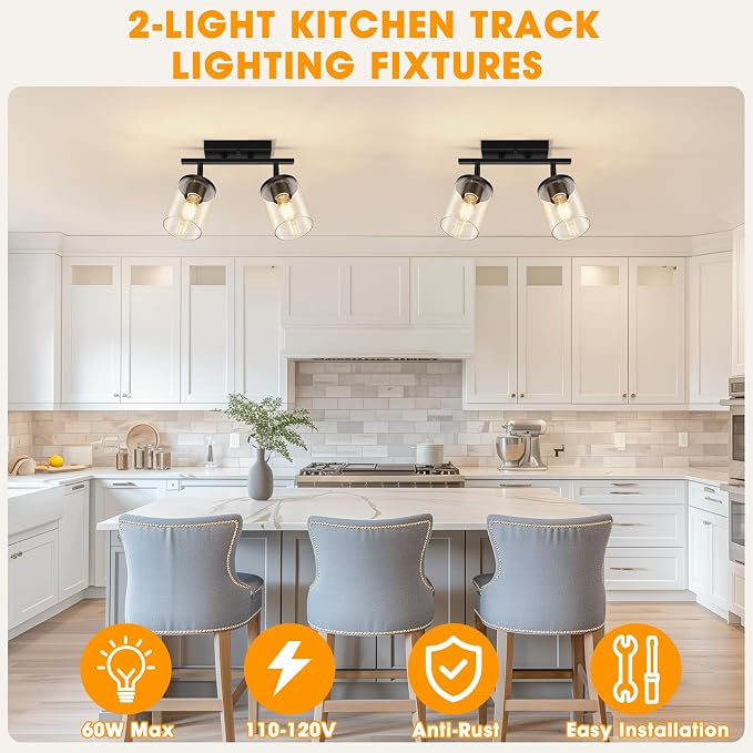 FadimiKoo 2-Lights Semi Flush Mount Ceiling Light, Modern Black Kitchen Light Fixtures Ceiling with Clear Glass Shade, Multi-Directional Track Lighting Kit for Entryway Bathroom Bedroom