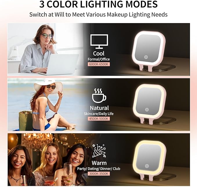 FUNTOUCH Travel Makeup Mirror with Light, 1X/30X Magnifying with 3 Light Settings & Adjustable Brightness,Rechargeable Folding Compact Double Sides Mirror for Home and Travel, Soft Pink