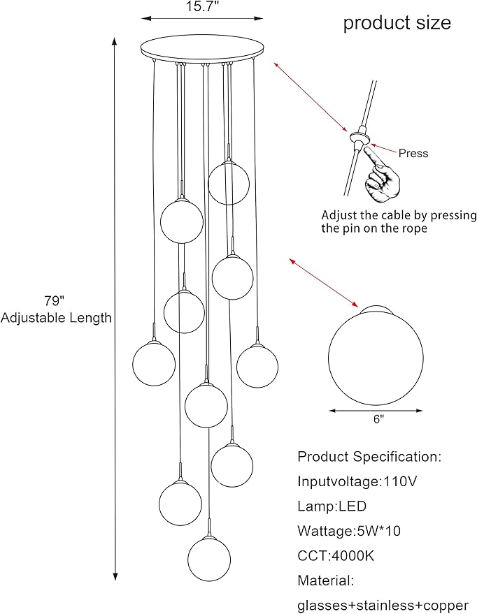10-Light LED Staircase Chandelier Crystal Ceiling Lights Large Chandeliers for High Ceilings, Entryway Modern Lighting Fixture Villas and Stairs, Adjustable Length 16" W x79H，50W