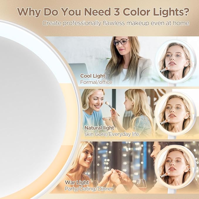 Portable Travel Makeup Mirror with Lights - 3 Color Dimmable Lighting, 360° Rotation, Rechargeable Double-Sided 1X/10X Magnifying Mirror, Adjustable Brightness for Tabletop, Home & On-the-Go Use