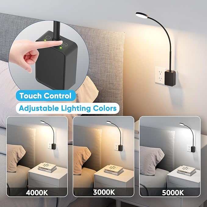 Plug in Dimmable LED Reading Light for Books in Bed, Black Flexible Wall Mounted Lamp for Outlets in Bedroom Kitchen, 3 Lighting Colors, Dual Touch Switch, 110° Wide Light Angle