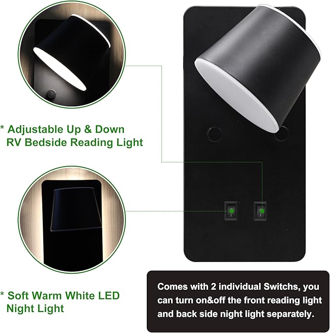 12V RV LED Bedside Reading Light with Night Light Version and Independent Switch, 350° Rotatable RV Vanity Wall Sconce, 12Volt RV Interior Lights for RV Camper Trailer Motorhome